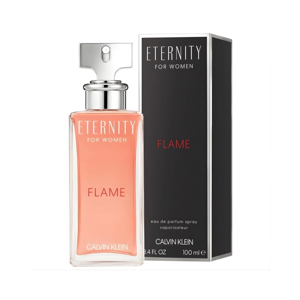 Refect Beauty Calvin Klein Eternity Flame for Women eau de parfum bottle with its matching black and orange box.