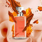 Refect Beauty Calvin Klein Eternity Flame for Women perfume bottle surrounded by abstract orange and amber floral art