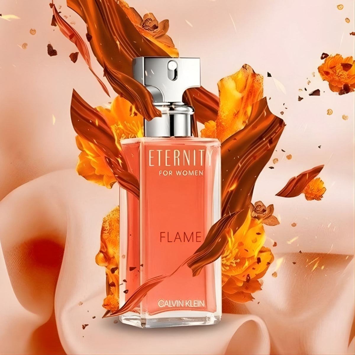 Refect Beauty Calvin Klein Eternity Flame for Women perfume bottle surrounded by abstract orange and amber floral art