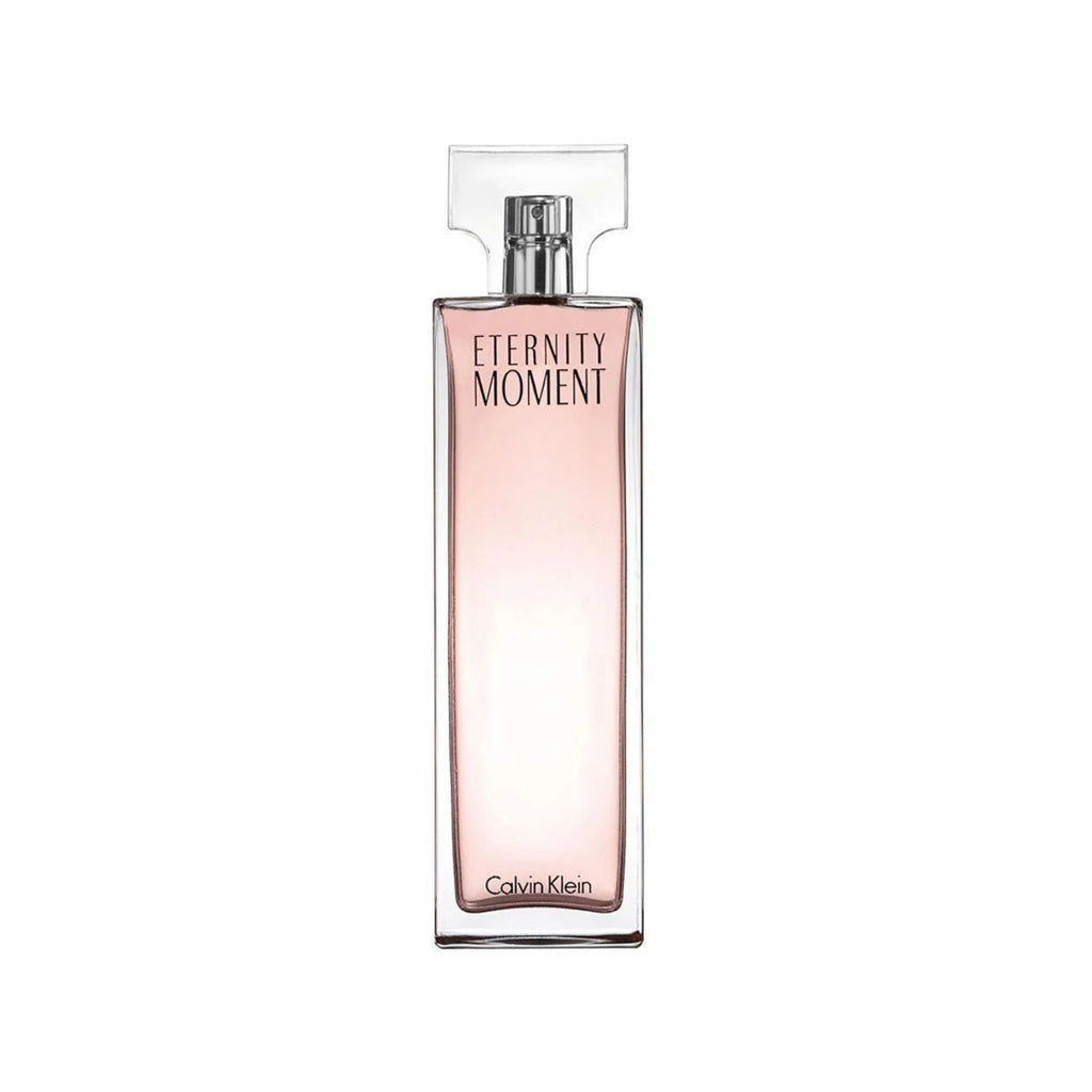 Refect Beauty Calvin Klein Eternity Moment eau de parfum in a tall, elegant pink glass bottle for women.