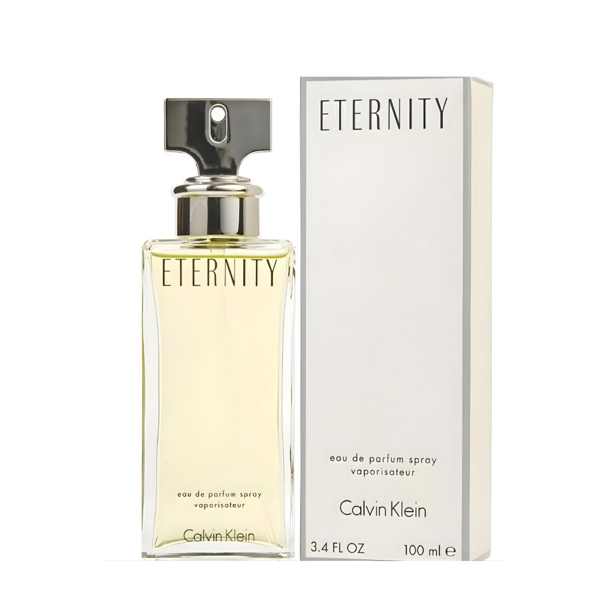 Refect Beauty Calvin Klein Eternity for Women Eau de Parfum bottle next to its white rectangular fragrance box