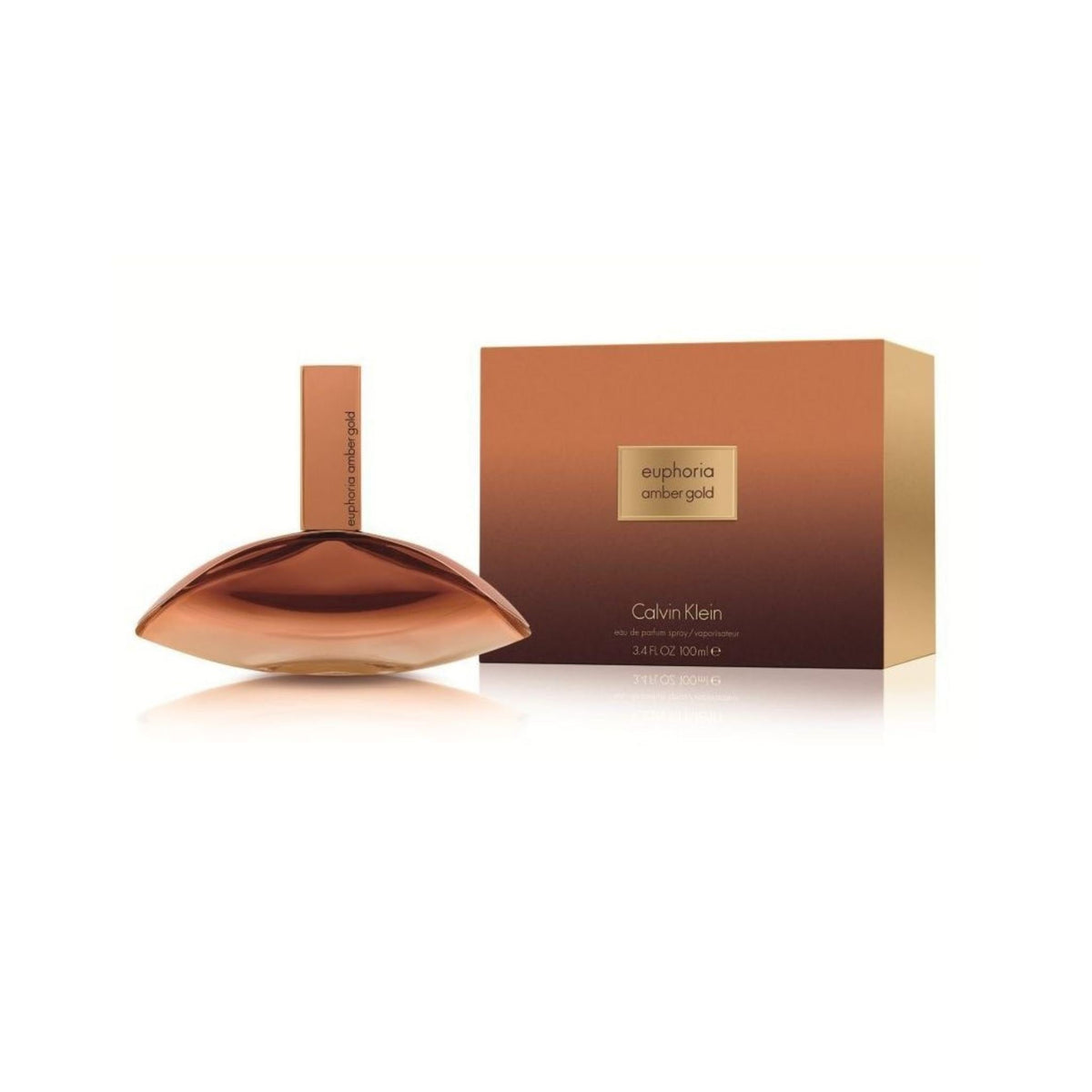 Refect Beauty Calvin Klein Euphoria Amber Gold eau de parfum bottle and box with metallic gold and brown gradient