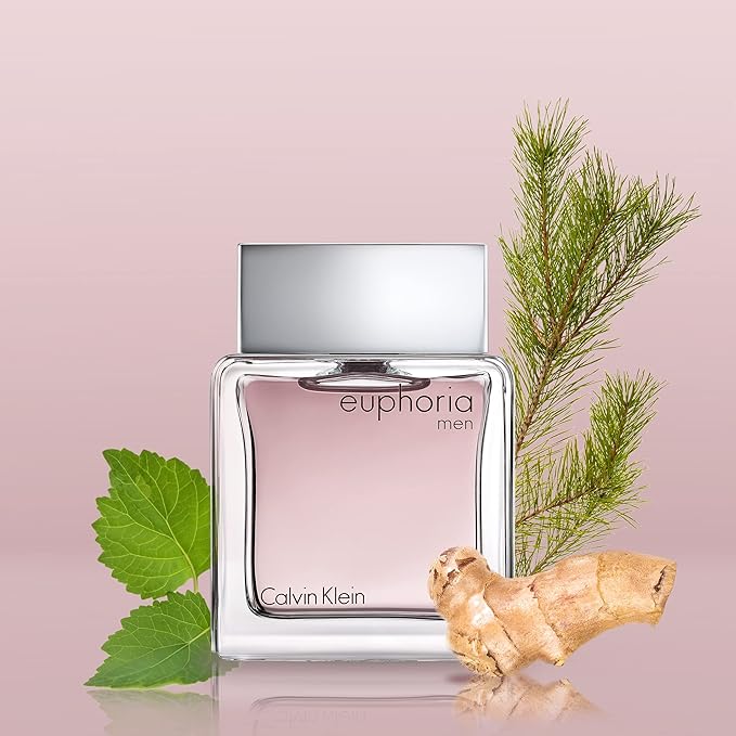 Refect Beauty Calvin Klein Euphoria Men eau de toilette bottle with ginger root and green leaves on a soft pink background