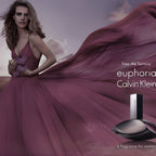 Refect Beauty Calvin Klein Euphoria perfume bottle next to a woman in a flowing purple gown against a sunset sky