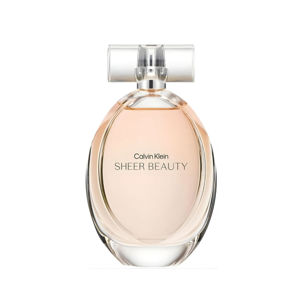 Refect Beauty Calvin Klein Sheer Beauty Eau de Toilette in a clear oval glass bottle with a soft peach fragrance.