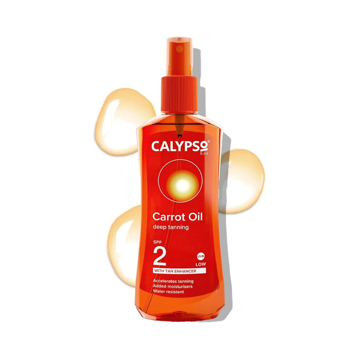 Refect Beauty Calypso Deep Tanning Carrot Oil Spray SPF 2 in an orange bottle for a natural tan and hydrated skin.