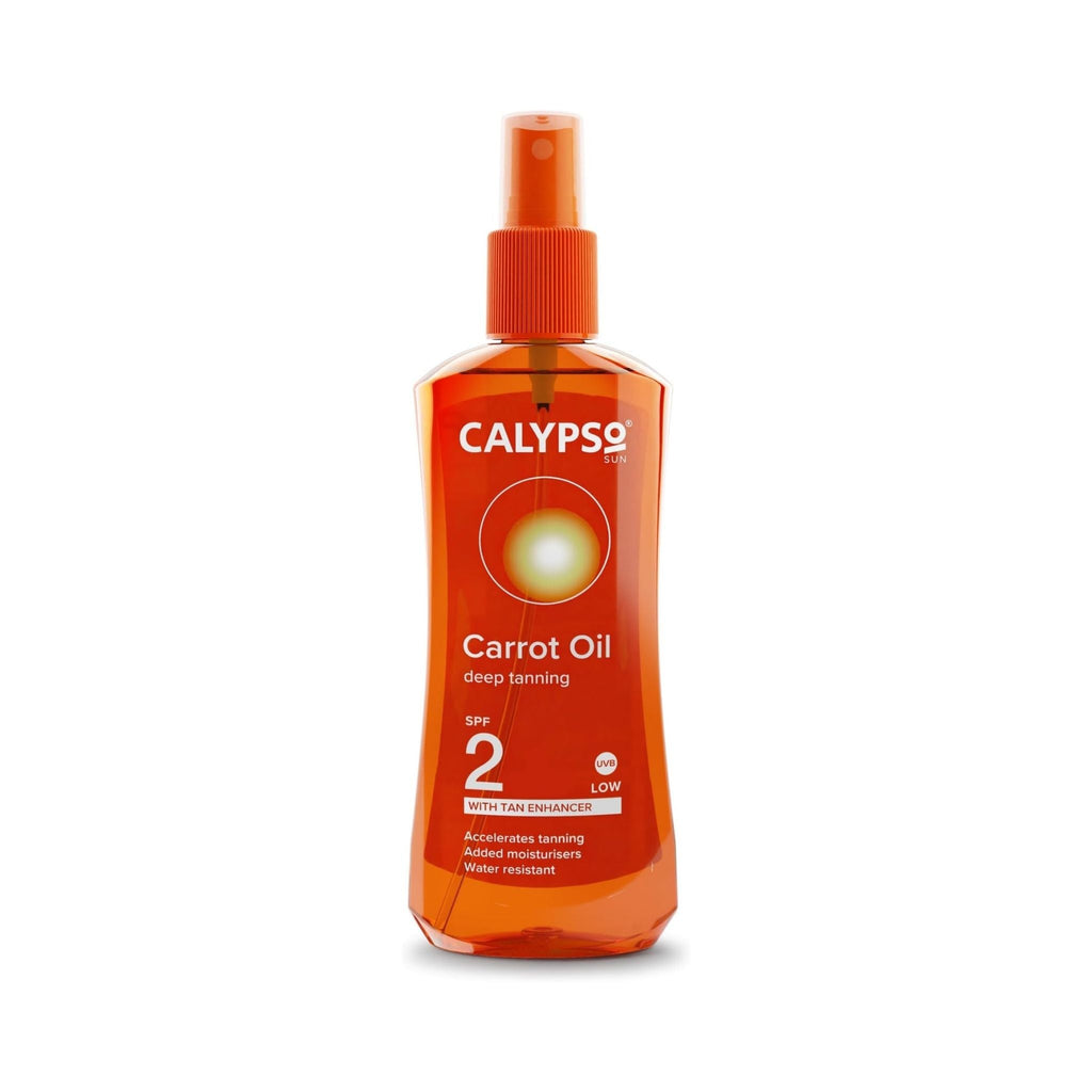 Refect Beauty Calypso Deep Tanning Carrot Oil Spray SPF 2 in an orange bottle for enhanced sun tanning