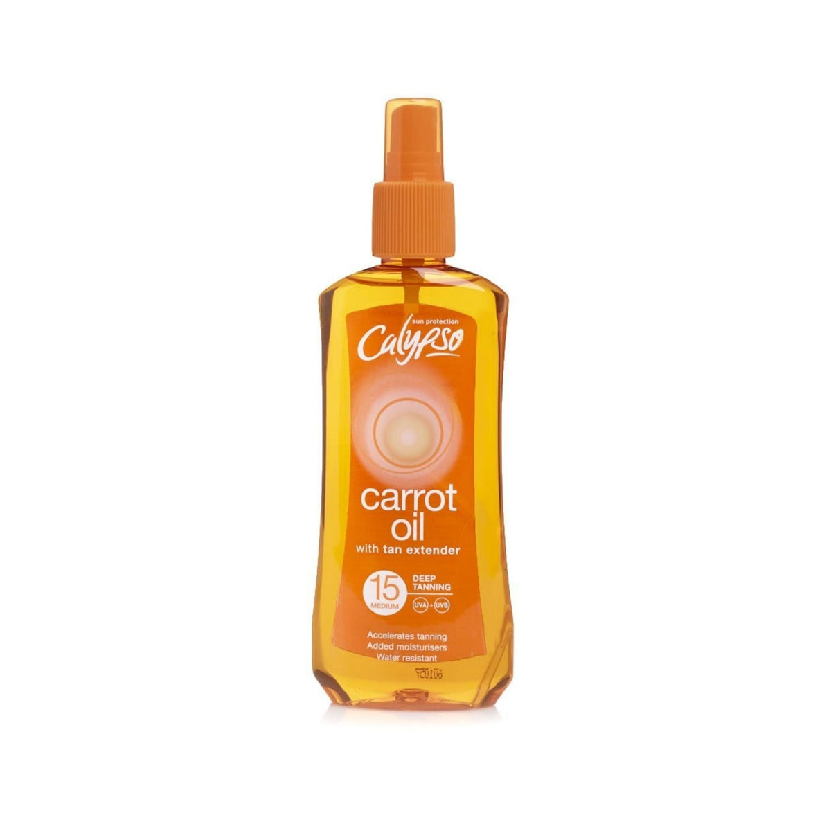 Refect Beauty Calypso Carrot Oil SPF15 tanning spray in a clear bottle with an orange pump for golden skin results.