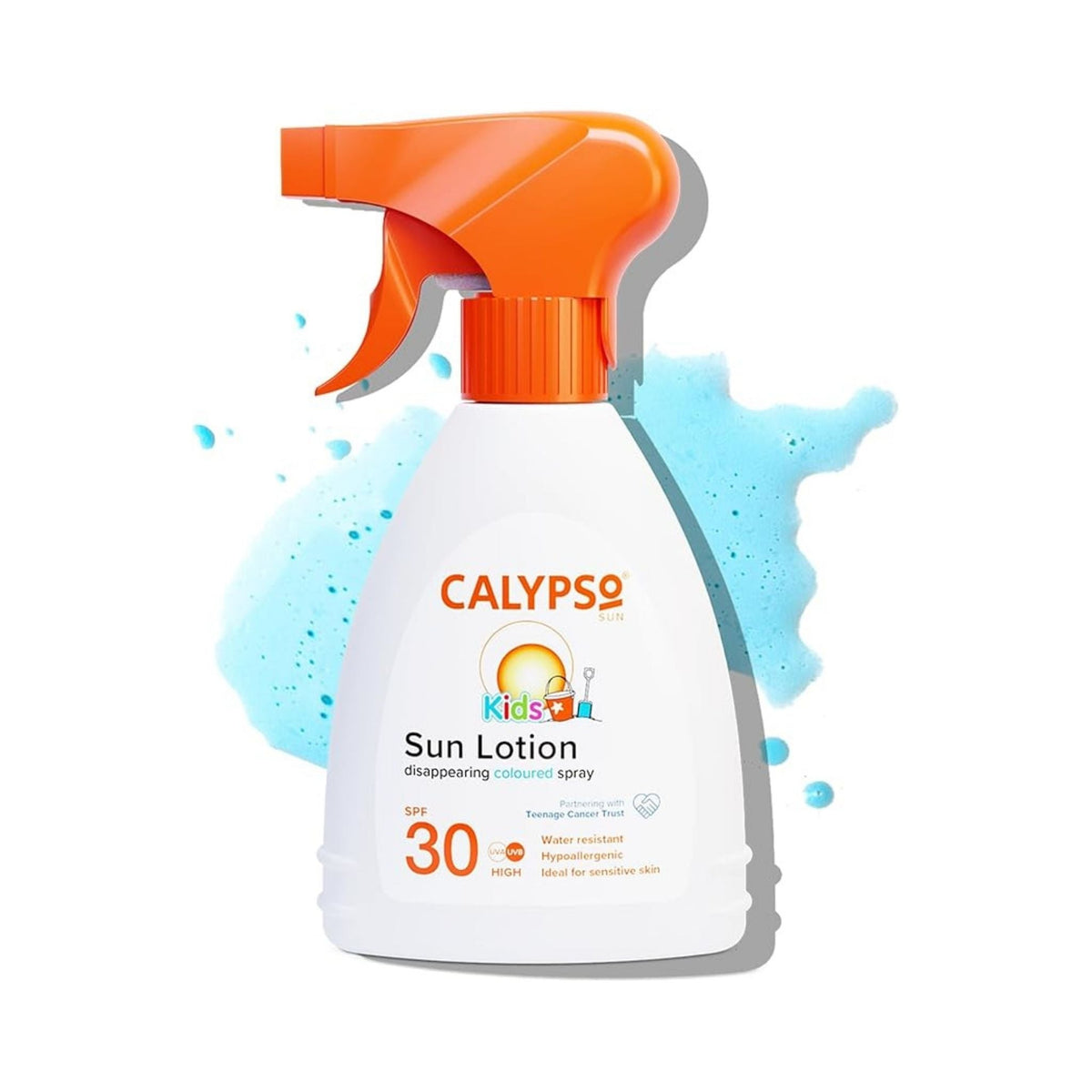 Refect Beauty Calypso Kids SPF30 disappearing coloured sun lotion spray bottle with orange trigger nozzle