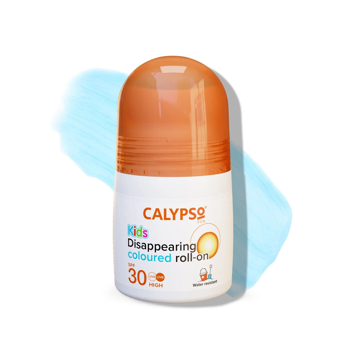 Refect Beauty Calypso Kids SPF30 disappearing coloured sun roll-on sunscreen for children with orange cap