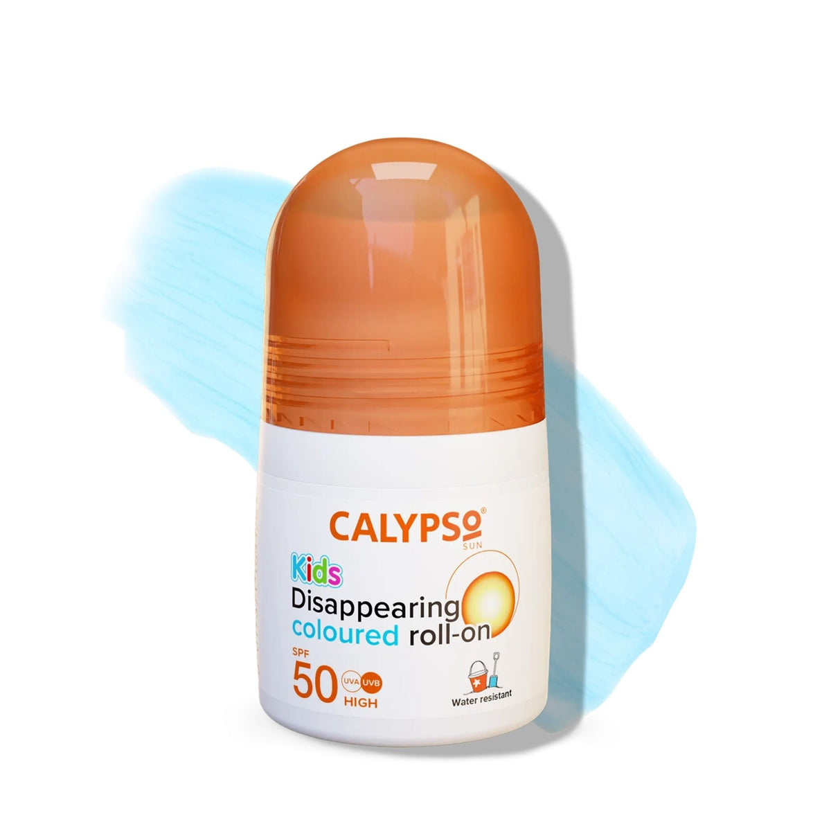 Refect Beauty Calypso Kids SPF50 disappearing coloured roll-on sunscreen for children with blue tint swatch
