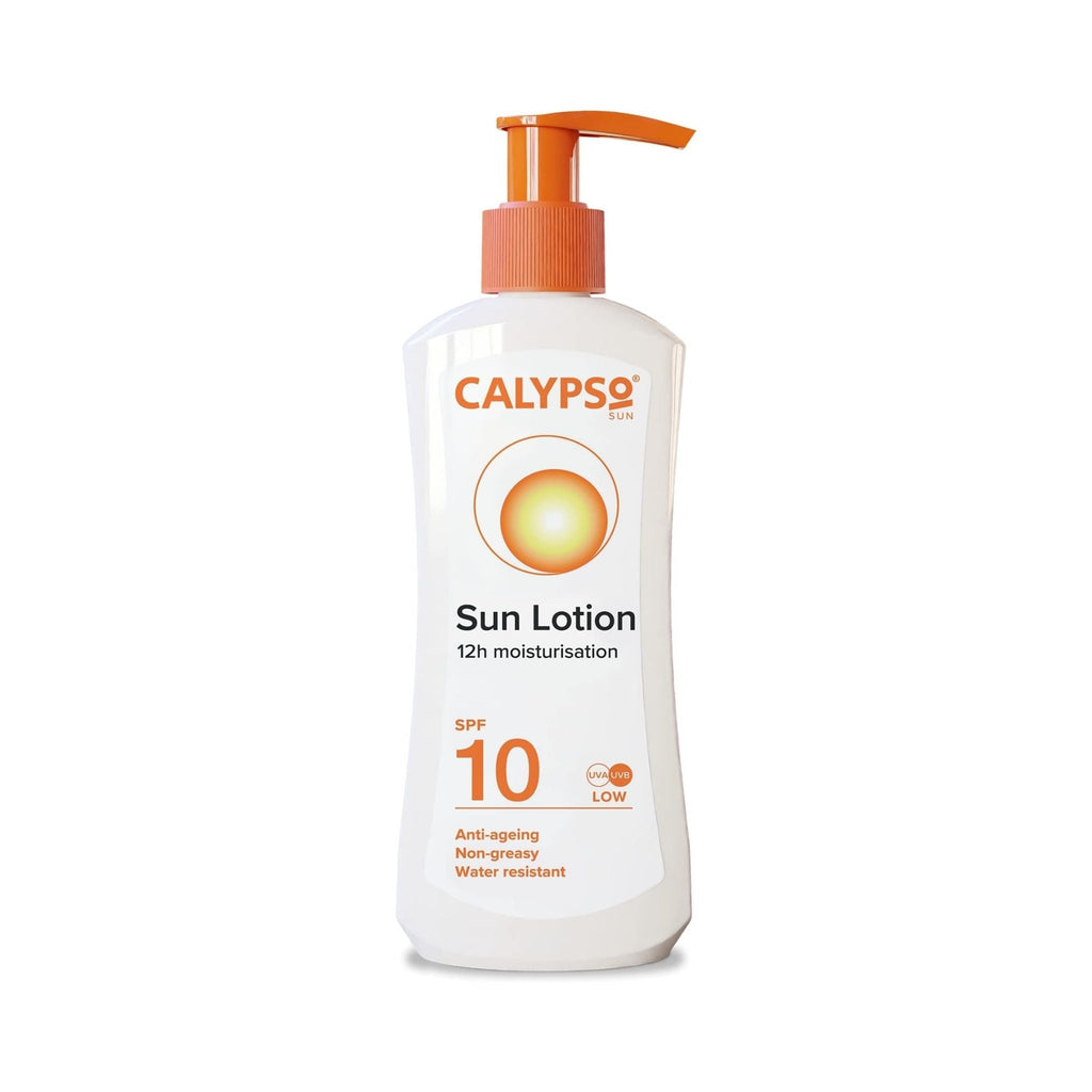 Refect Beauty Calypso SPF 10 moisturizing sun lotion in a white pump bottle with orange cap for UVA and UVB protection
