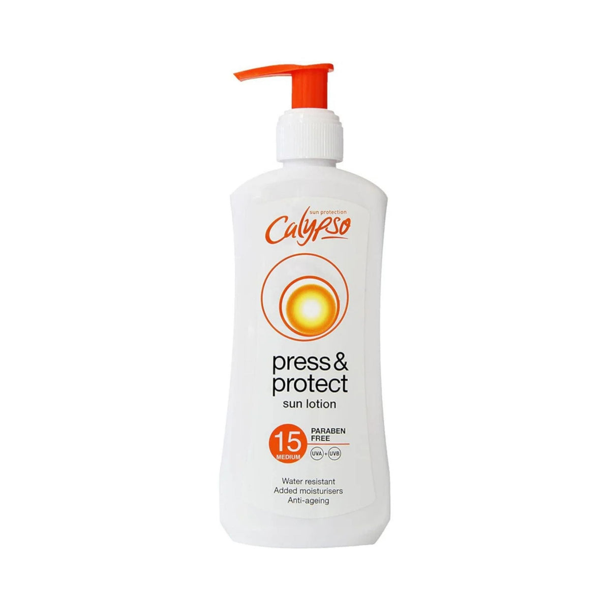 Refect Beauty Calypso SPF15 sun lotion bottle with an orange pump dispenser for broad-spectrum UVA and UVB protection.