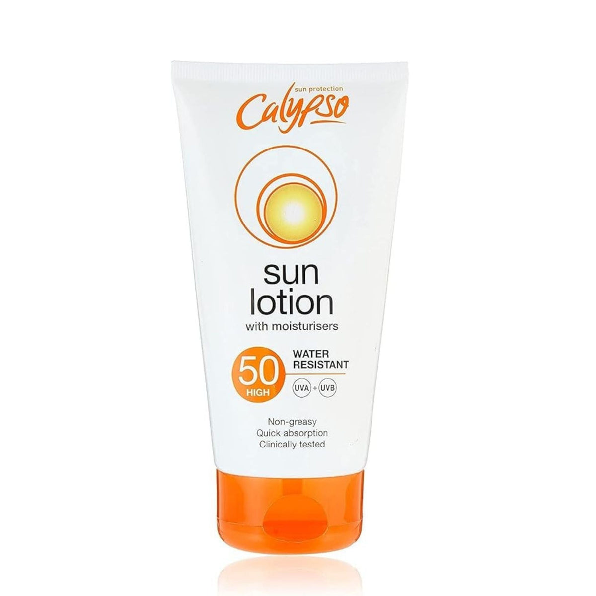 Refect Beauty Calypso SPF50 sun lotion in a white squeeze tube with orange cap, providing water-resistant UV defense.