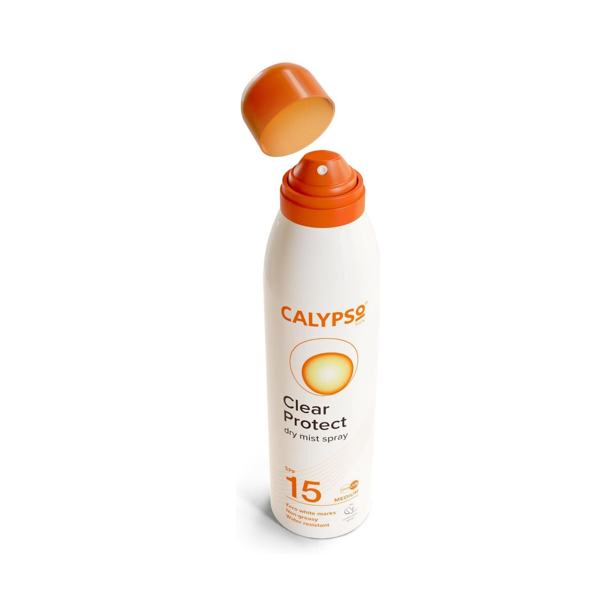 Refect Beauty Calypso Sun Clear Protect SPF 15 dry mist sunscreen spray bottle with orange cap in white packaging