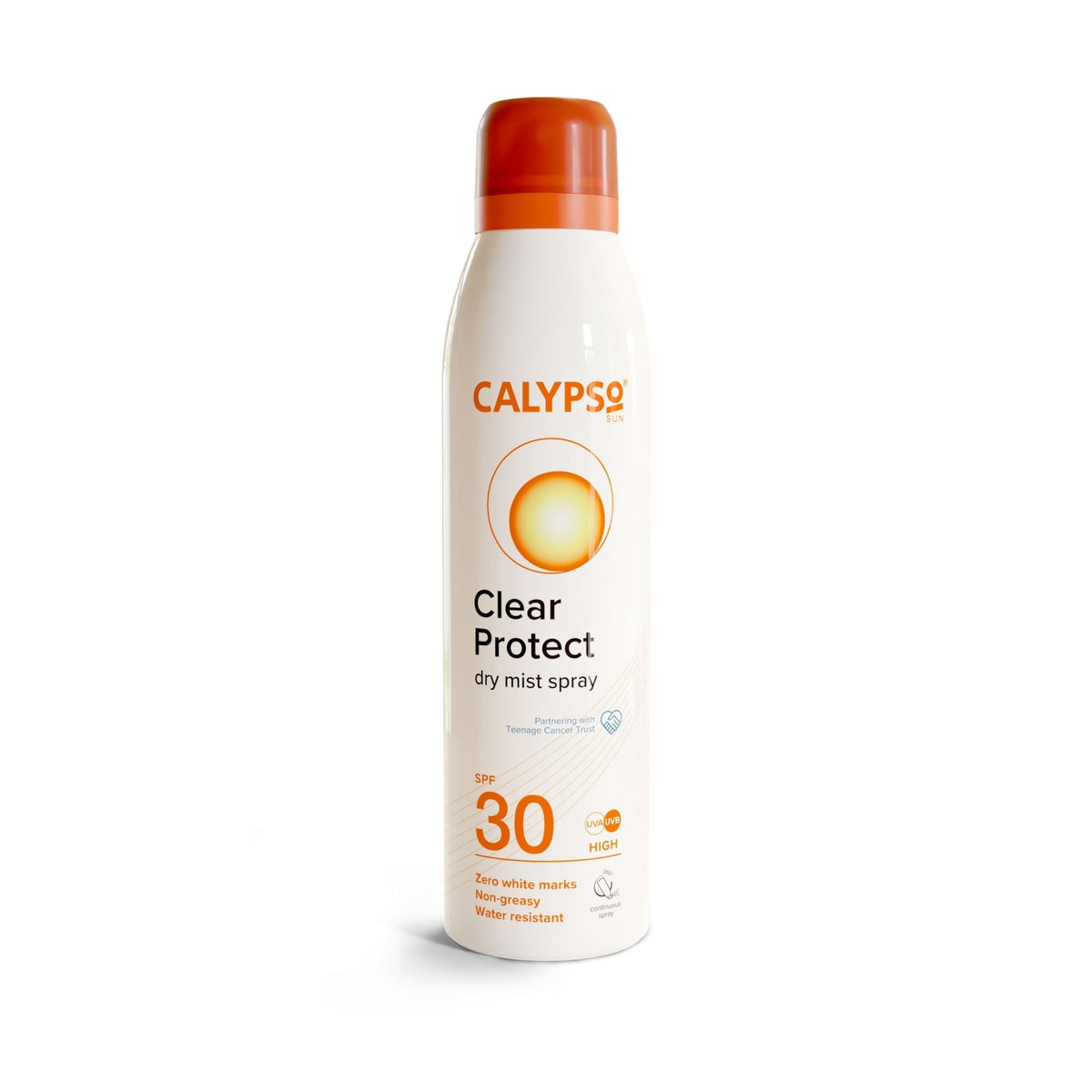 Refect Beauty Calypso Sun Clear Protect SPF 30 dry mist sunscreen spray bottle for broad-spectrum UV protection.