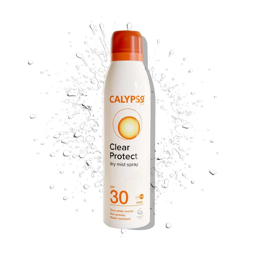 Refect Beauty Calypso Sun Clear Protect SPF 30 dry mist sunscreen spray in a white bottle with an orange cap