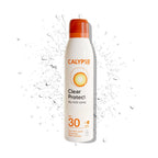 Refect Beauty Calypso Sun Clear Protect SPF 30 dry mist sunscreen spray in a white bottle with an orange cap