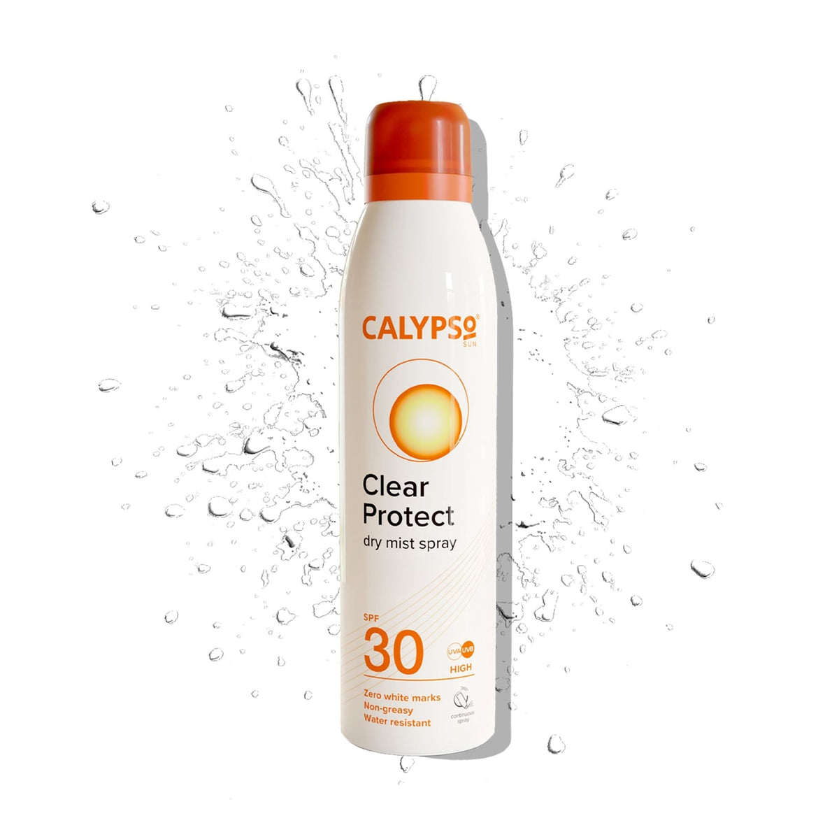 Refect Beauty Calypso Sun Clear Protect SPF 30 dry mist sunscreen spray in a white bottle with an orange cap