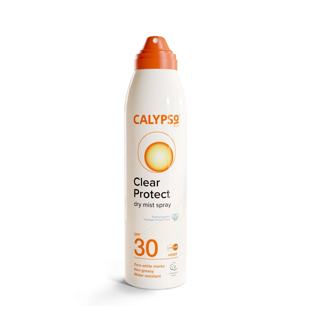 Refect Beauty Calypso Sun Clear Protect SPF 30 dry mist sunscreen spray in a white bottle with an orange cap.