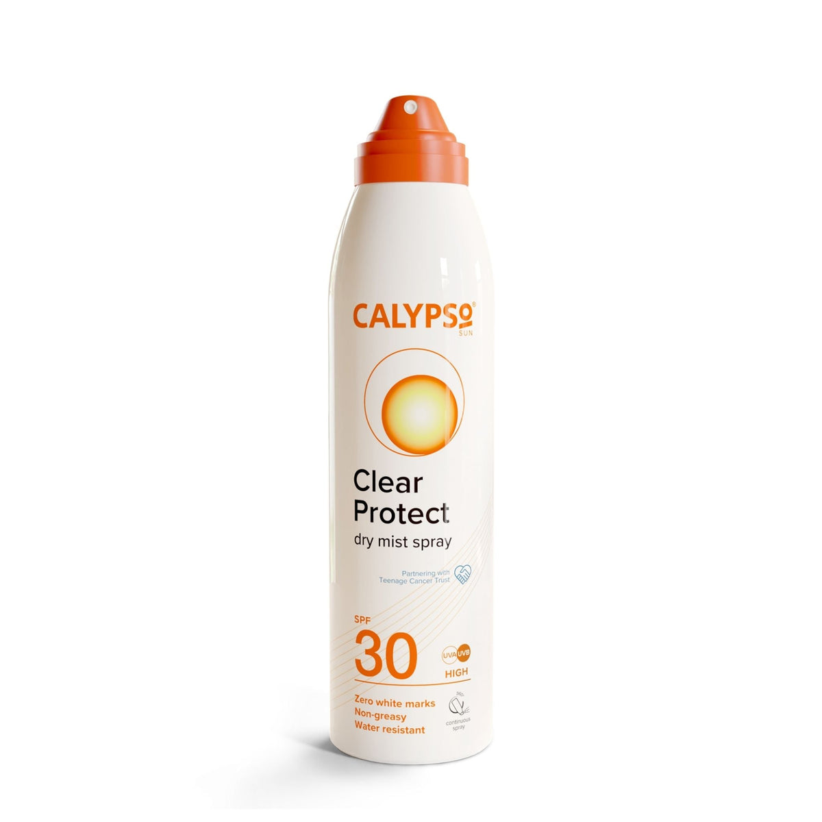 Refect Beauty Calypso Sun Clear Protect SPF 30 dry mist sunscreen spray in a white bottle with an orange cap.