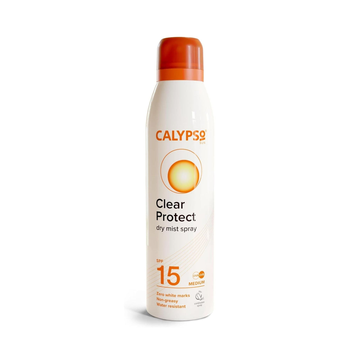 Refect Beauty Calypso Sun Clear Protect SPF 15 dry mist sunscreen spray in a white bottle with orange cap