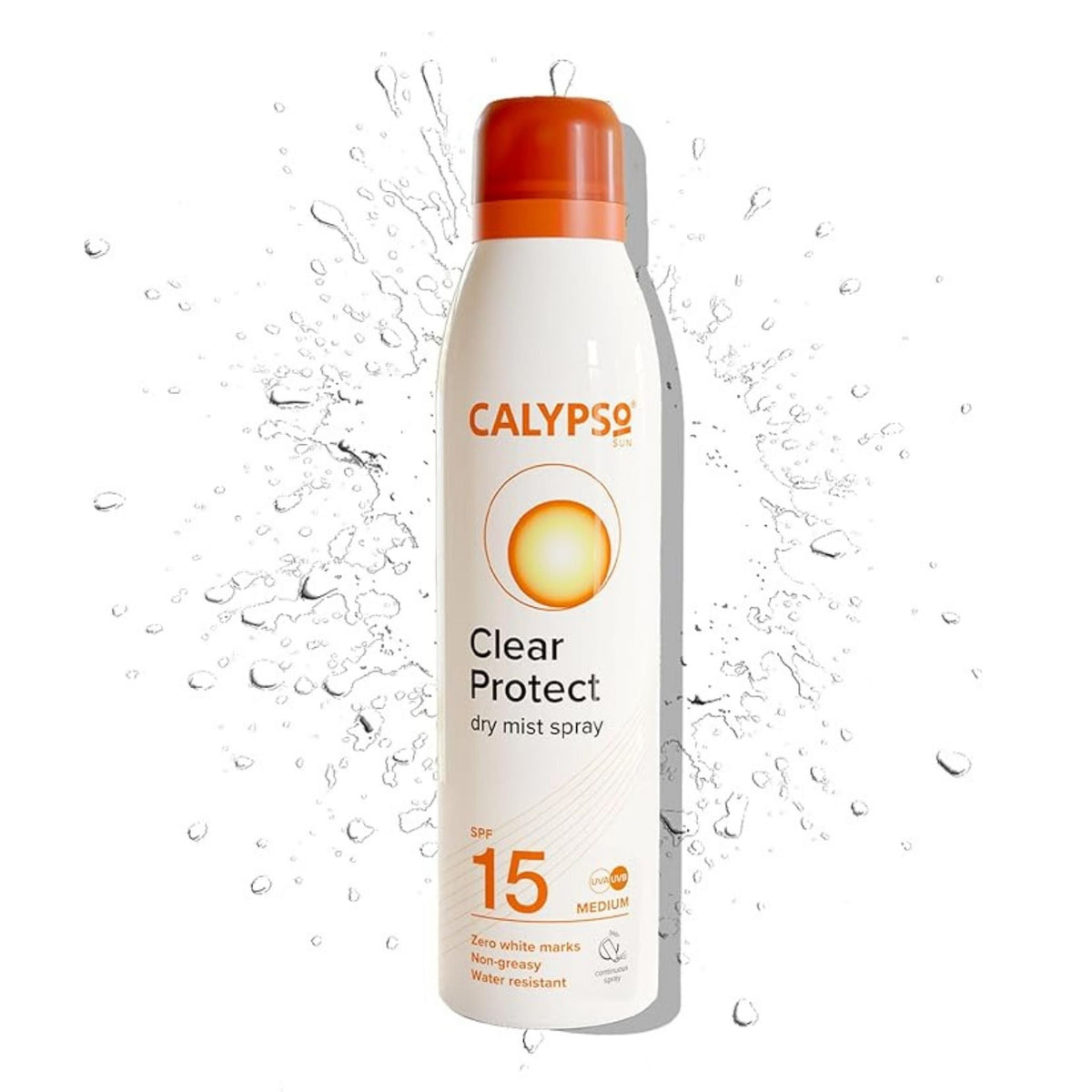 Refect Beauty Calypso Sun Clear Protect SPF 15 dry mist sunscreen spray bottle with a white and orange design.