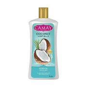 Refect Beauty Camay Coconut shower gel in a 1-liter bottle with a gold cap, featuring coconut imagery.