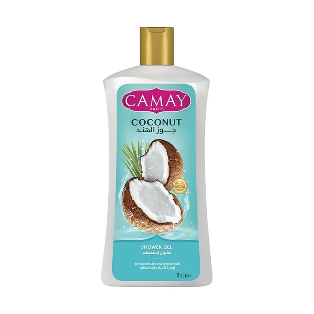 Refect Beauty Camay Coconut shower gel in a 1-liter bottle with a gold cap, featuring coconut imagery.
