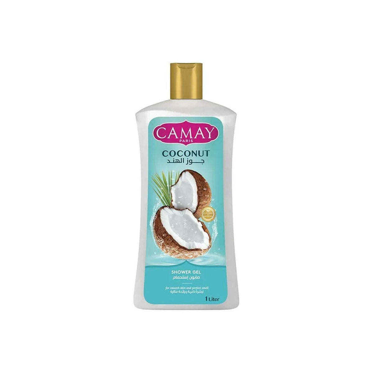 Refect Beauty Camay Coconut shower gel in a 1-liter bottle with a gold cap and coconut imagery on the label.
