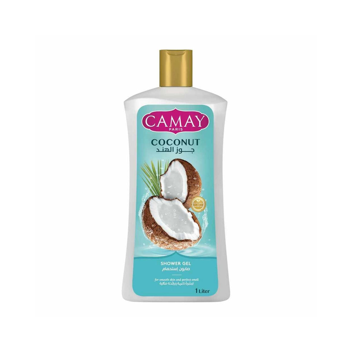Refect Beauty Camay Coconut shower gel in a 1-liter bottle with a tropical coconut graphic for soft, smooth skin.