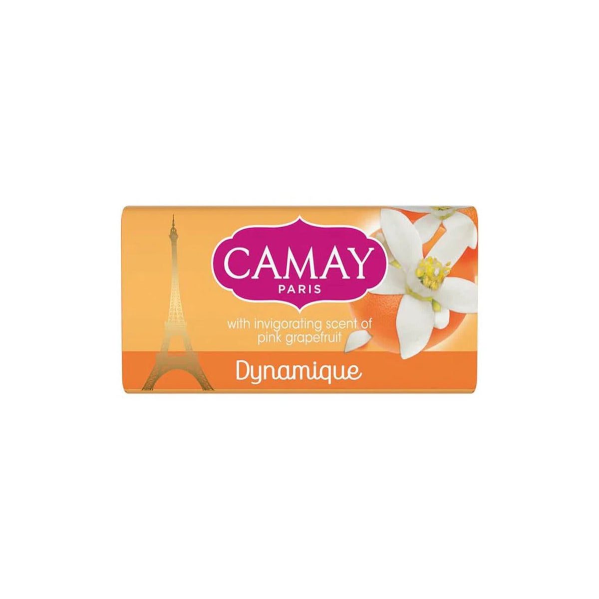 Refect Beauty Camay Dynamique soap bar with pink grapefruit scent and Eiffel Tower graphic on orange packaging