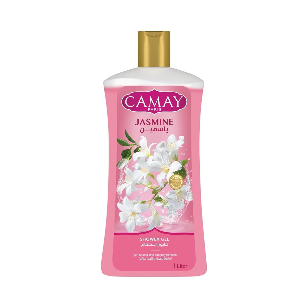Refect Beauty Camay Jasmine shower gel in a 1-liter pink bottle with a gold cap and floral jasmine design.