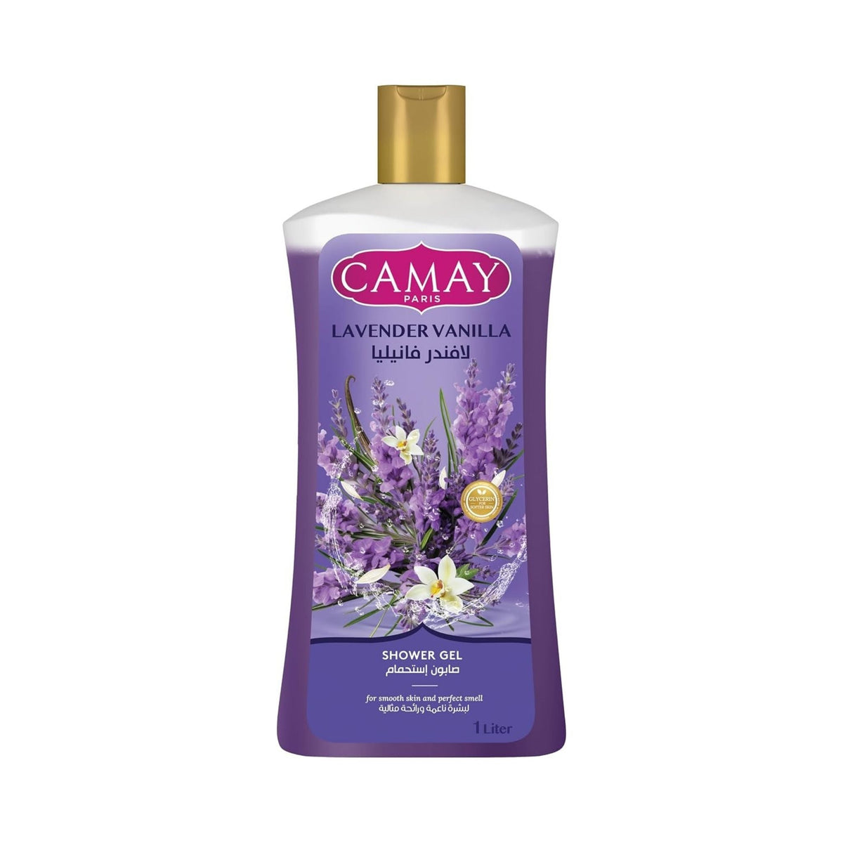Refect Beauty Camay Lavender and Vanilla shower gel in a 1-liter purple bottle with a gold cap.