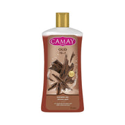 Refect Beauty Camay Oud shower gel in a 1-liter bottle with a gold cap and brown label featuring oud wood imagery.