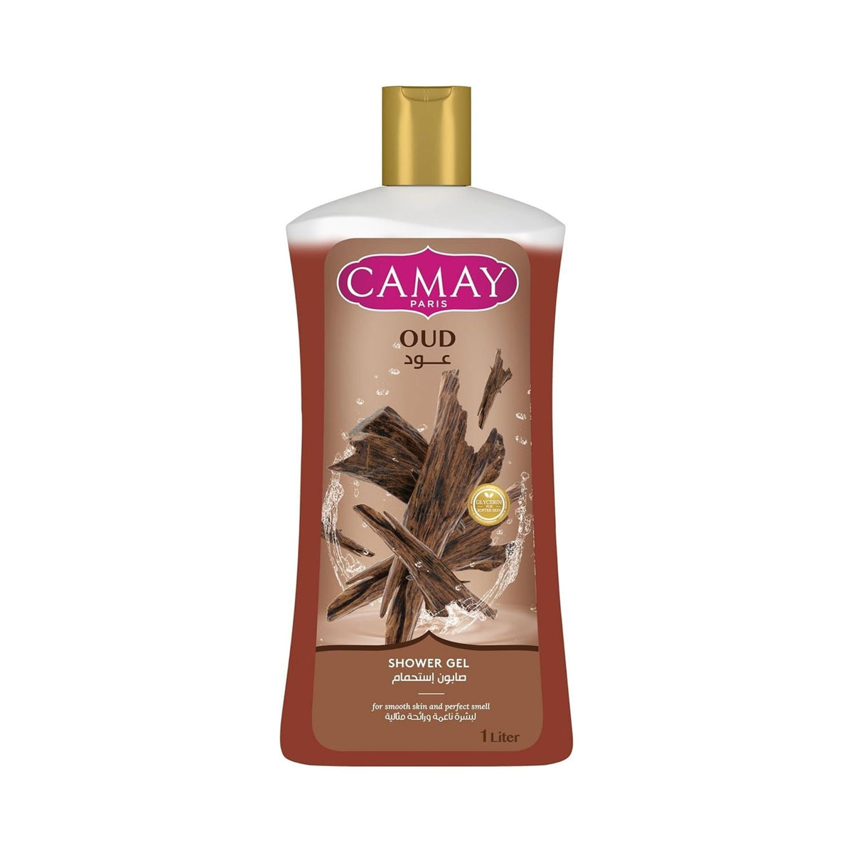 Refect Beauty Camay Oud shower gel in a 1-liter bottle with a gold cap and brown label featuring oud wood imagery.