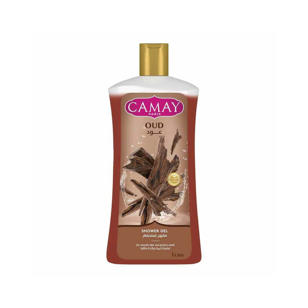Refect Beauty Camay Oud shower gel in a 1-liter bottle with a rich oud wood fragrance for soft and smooth skin.