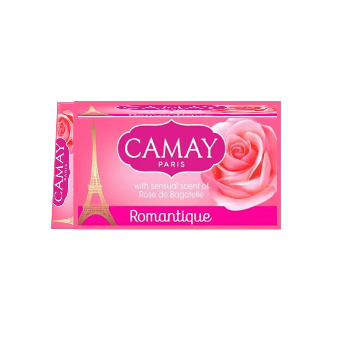 Refect Beauty Camay Romantique soap bar in pink packaging featuring an Eiffel Tower graphic and a blooming rose.
