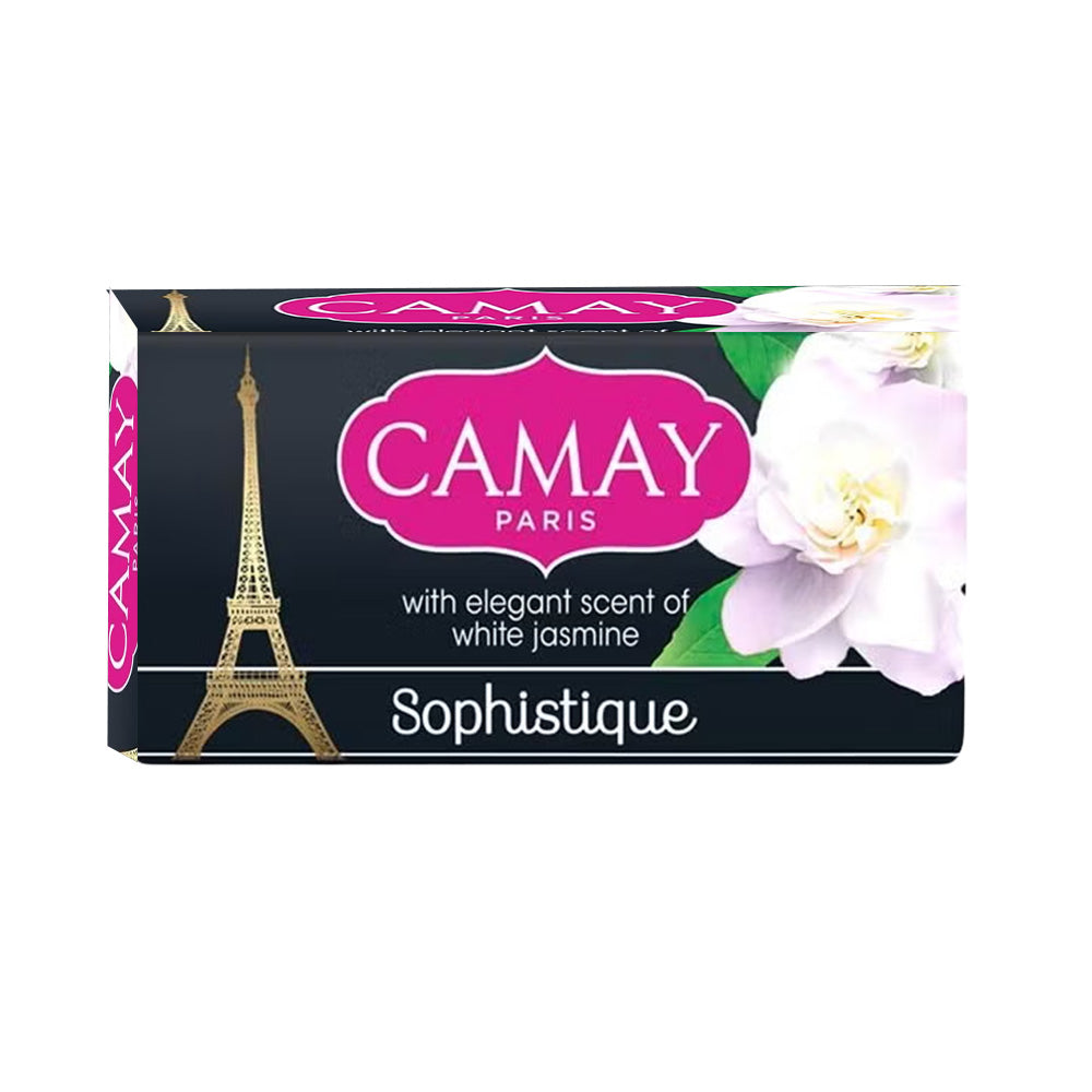 Refect Beauty Camay Sophistique beauty soap bar with white jasmine scent and Eiffel Tower graphic on black packaging