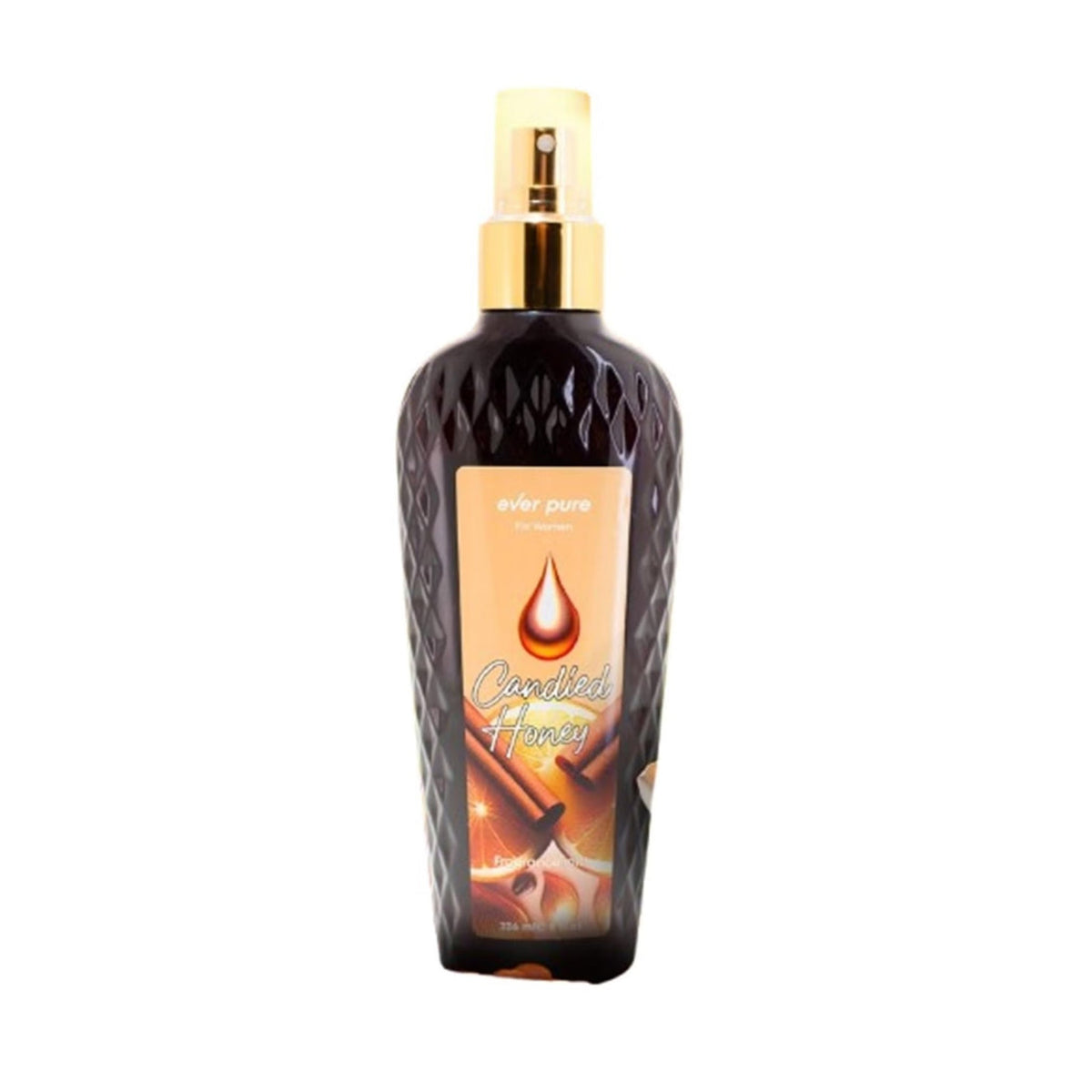 Refect Beauty Ever Pure Candied Honey body splash in a dark textured bottle with a gold spray nozzle