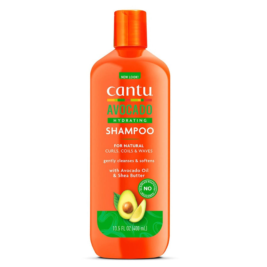 Refect Beauty Cantu Avocado Hydrating Shampoo in an orange bottle for curly, coily, and wavy hair with shea butter.