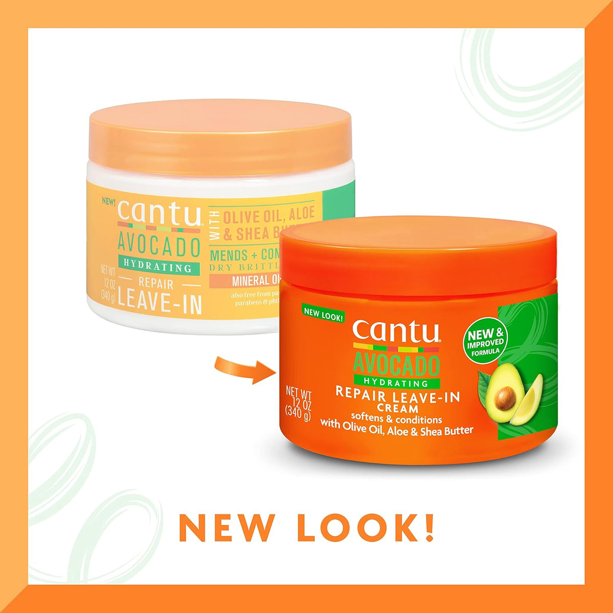 Refect Beauty Cantu Avocado Curl Moisturizing Leave-In Conditioner Cream jars showing old and new packaging designs