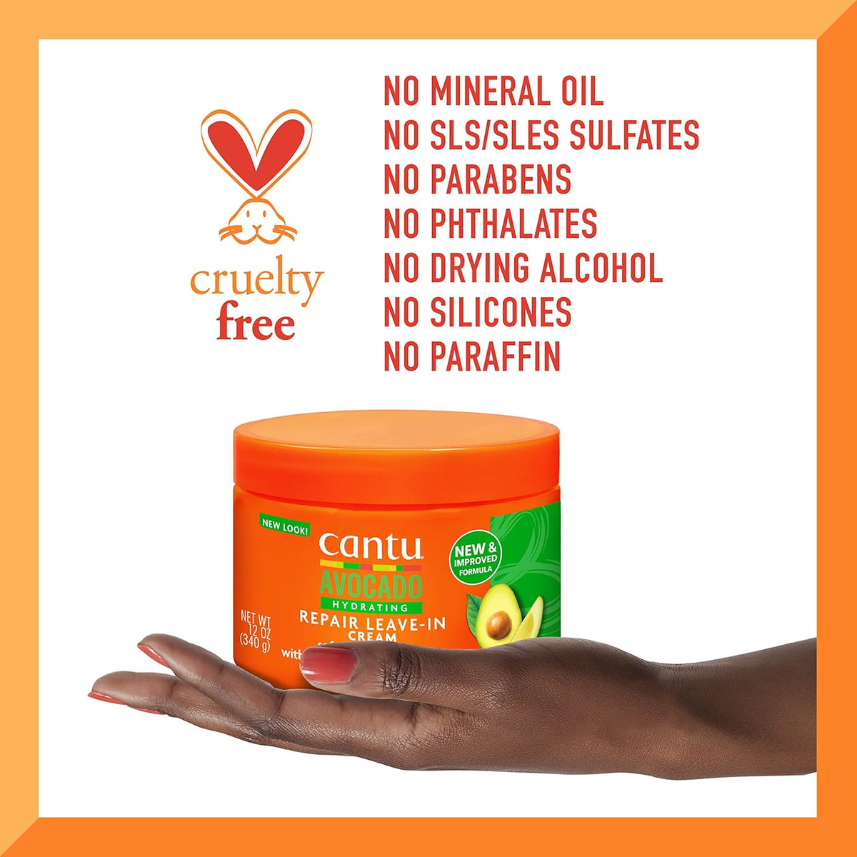 Refect Beauty Cantu Avocado leave-in conditioner jar held in hand with cruelty-free and ingredient-free labels