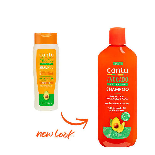 Refect Beauty Cantu Avocado Hydrating Shampoo bottles showing old and new packaging for curly and coily hair