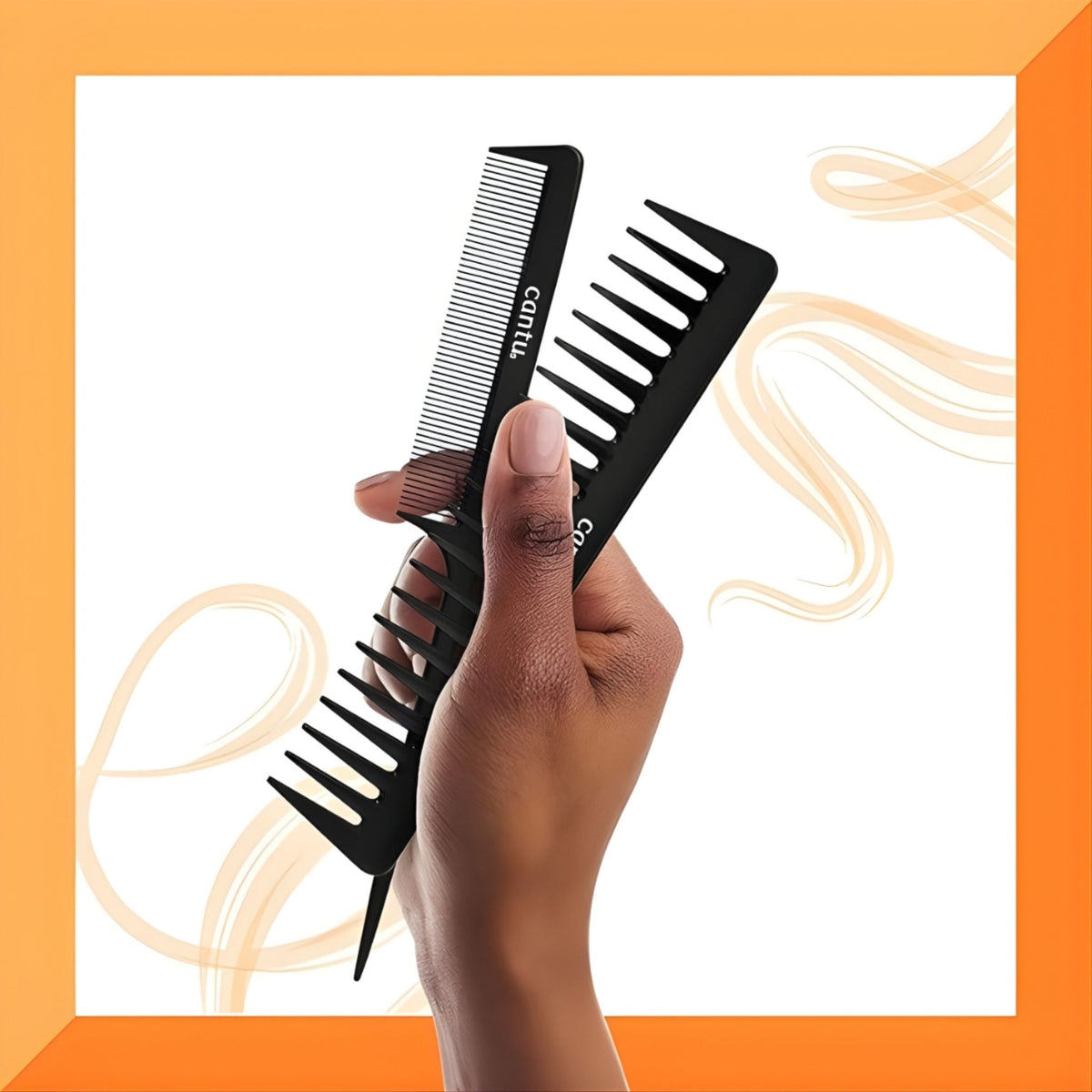 Refect Beauty Cantu carbon fiber combs held in a hand for detangling and heat-resistant hair styling