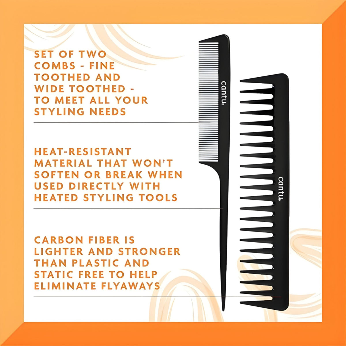 Refect Beauty Cantu carbon fiber comb set featuring one fine-toothed and one wide-toothed black styling comb.