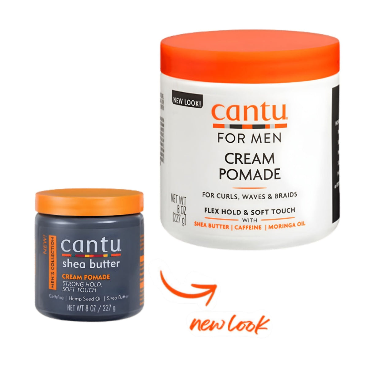 Refect Beauty Cantu Cream Pomade showing old dark grey jar and new white jar with orange lids for men's hair styling
