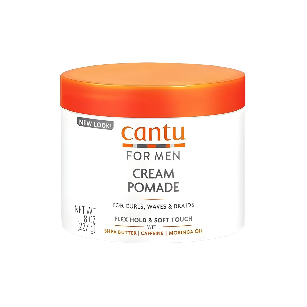 Refect Beauty Cantu For Men Cream Pomade in a white jar with an orange lid for styling curls, waves, and braids.