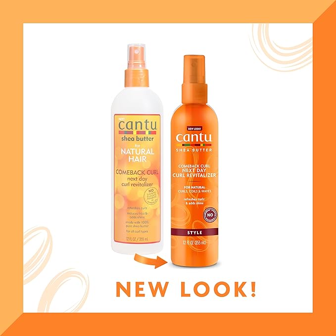 Refect Beauty Cantu Shea Butter Comeback Curl Revitalizer spray showing old and new packaging designs