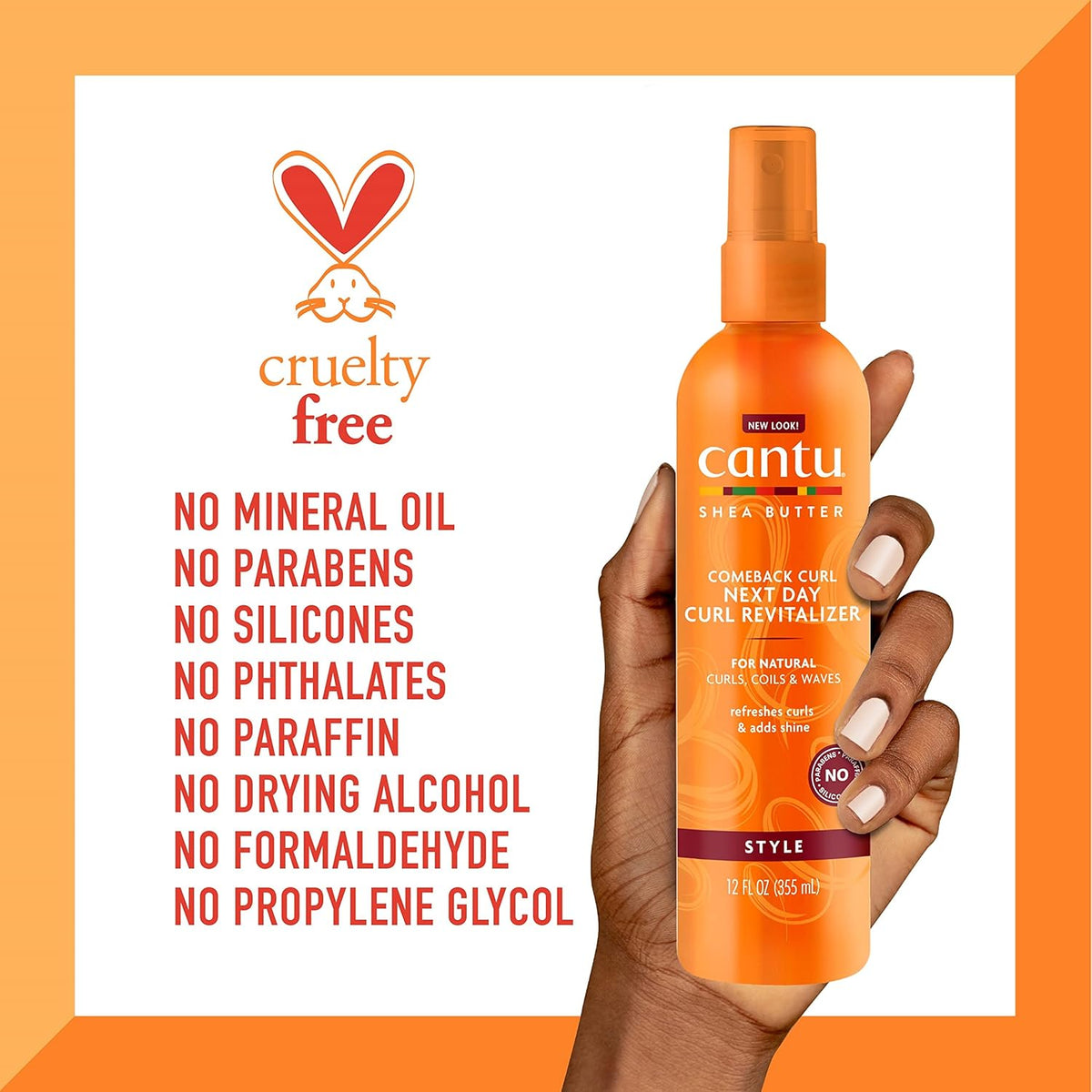 Refect Beauty Cantu Shea Butter Comeback Curl Revitalizer spray bottle held in hand, highlighting cruelty-free formula.